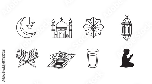 Ramadan Icons Collection: Crescent Moon, Mosque, Lantern, Quran, Prayer Mat, Iftar Food, Glass of Water, Praying Silhouette