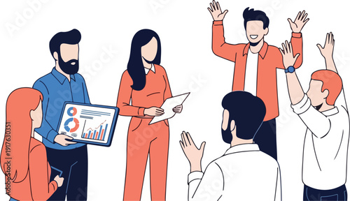 Group of people celebrating success with graphs and data in a modern office environment from a frontal viewpoint