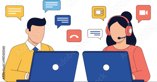 Man and woman wearing headsets working together on computers with various communication icons floating above them