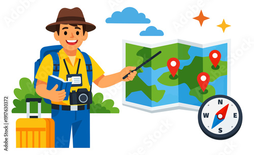 Cheerful illustration of a tourist depicting travel planning with a map and compass for vacation concepts