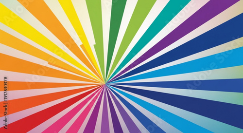 Vibrant rainbow colored sunburst pattern with multicolored rays on white background creating a dynamic and energetic visual effect for design and artistic projects