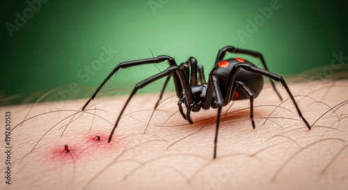 Black widow spider bite on human skin showcasing the venomous arachnid and its impact causing harm