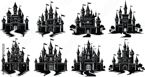 Set of medieval fairy tale castle silhouettes with towers and flags, black fantasy fortress collection isolated on white background vector illustration