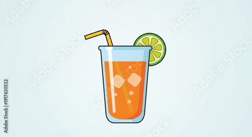 Refreshing orange cocktail with lime and straw in glass