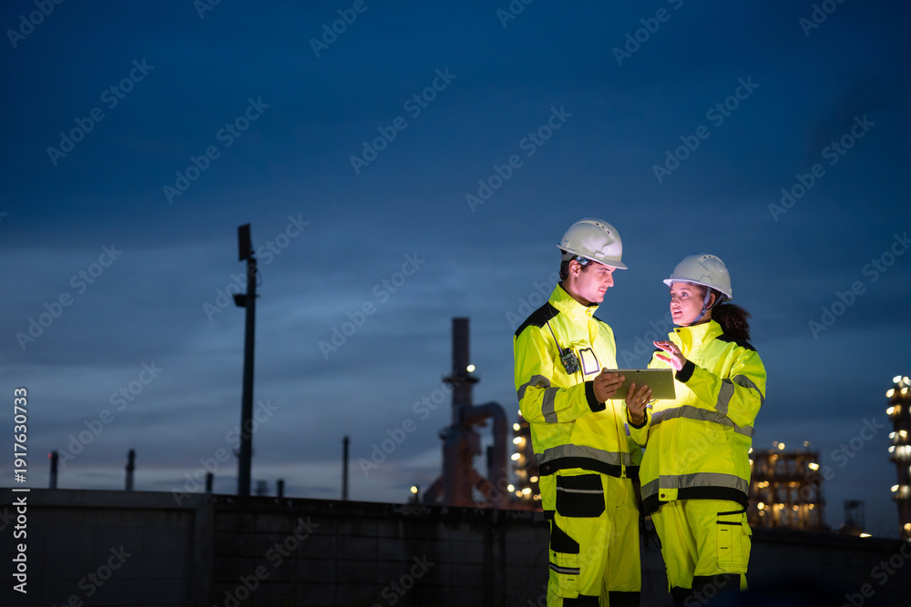 Fototapeta premium Two industrial engineers in high-visibility safety uniforms working night shift with a digital tablet at a refinery plant, technicians in hardhats and reflective gear collaborating on site