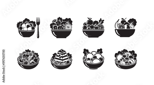 Salad Bowls Collection Icon Set with Fork, Fresh Ingredients, Stock Media