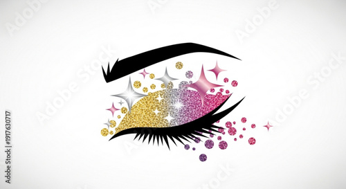Vibrant eye makeup design with colorful glitter and stars on a white background for beauty concept