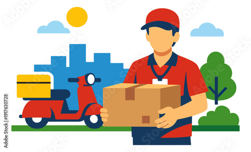 Modern flat graphic illustration of a delivery man depicting parcel delivery with a scooter for urban logistics