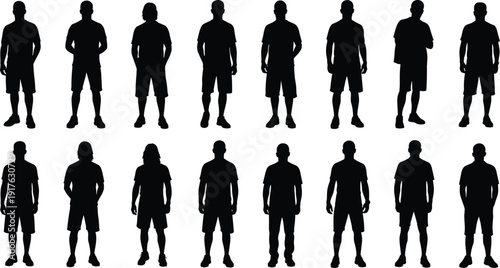 Set of male standing silhouettes in casual clothing, front view human figure collection isolated on white background for character design reference