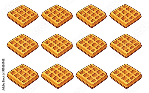 Cartoon style waffle set featuring crispy golden waffles for breakfast or dessert menus