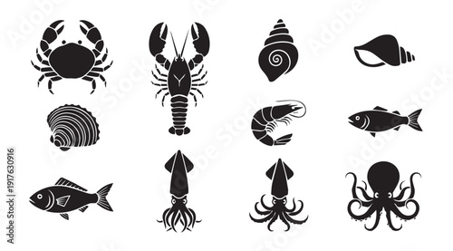 Seafood Icons Collection: Crab, Lobster, Shrimp, Fish, Squid, Octopus, Shells