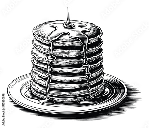 Stack of Pancakes with Syrup Drizzle, Black and White