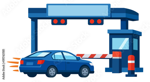 Flat illustration of a car depicting driving through a toll gate for transportation