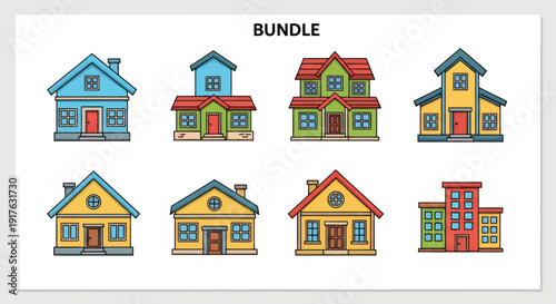 Bundle of various house and building icons in a flat design style.