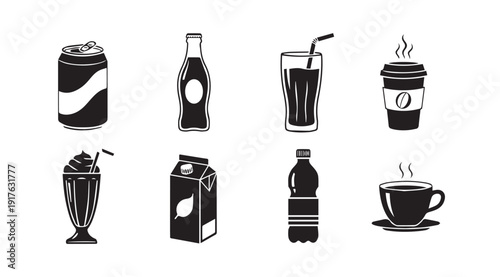 Various Beverage Icons: Soda Can, Juice Box, Coffee Cup, Water Bottle