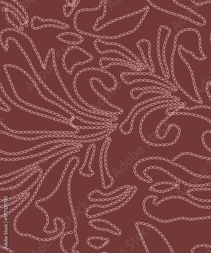 Seamless maroon paisley embroidery pattern. Chain stitch botanical swirl background. Boho burgundy ethnic textile design.