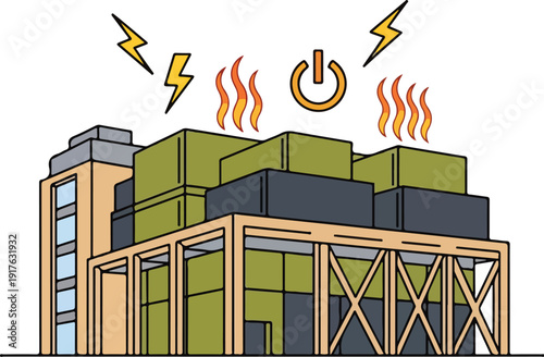 Server room under cyber attack with data boxes and energy surge, digital threat, data center environment, isometric view