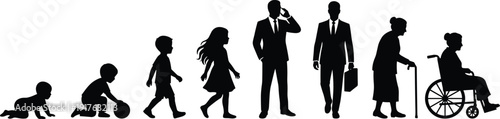 Human Life Cycle Silhouettes from Infant to Senior Citizen Aging and Growth Vector Illustration Set