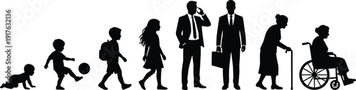 Human Life Stages Silhouette Set from Baby to Elderly Person Aging Process Vector Illustration