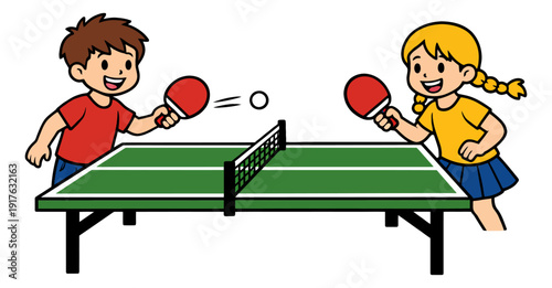 Cute cartoon illustration of a boy and girl depicting playing table tennis for children's sports activities