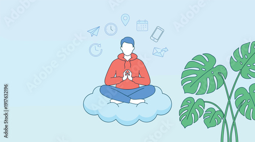 Man Meditating on Cloud with Productivity and Time Management Icons Digital Detox Concept Vector Illustration