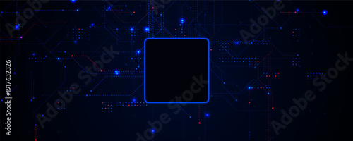 AI Chipset Artificial Intelligence Logo Background. Glow CPU Microchip Dark Tech Futuristic Circuit Pattern BG Design. Chip Board Backdrop Digital Cloud Future Data Technology. Vector illustration