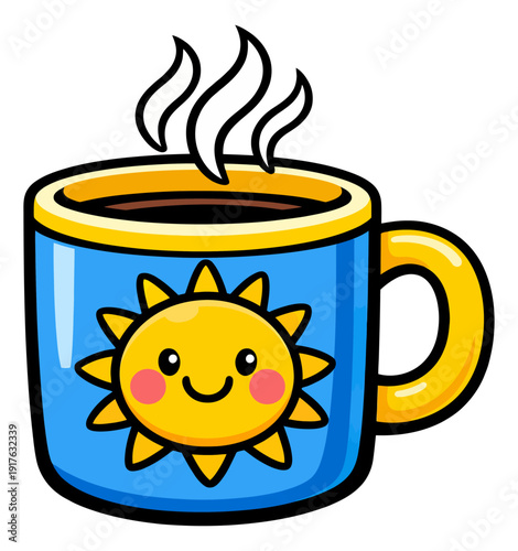 Bright hand drawn illustration of a coffee mug depicting a happy sun face with steam rising for a cheerful morning