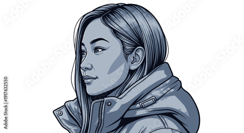 Stylish Asian Woman in Winter Jacket Looking Away.