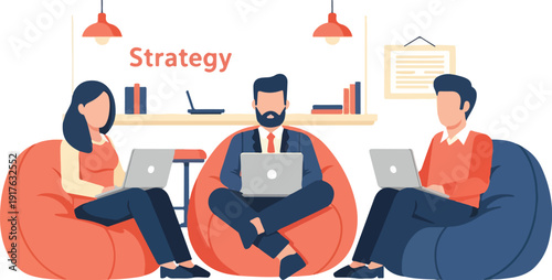 Three professionals collaborating on a business strategy in a modern office environment with laptops and bean bags, viewed from the front.