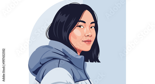 Stylish Asian Woman with Short Dark Hair in Puffer Jacket.