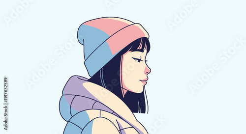 Stylish young woman in a beanie and puffer jacket, side profile.