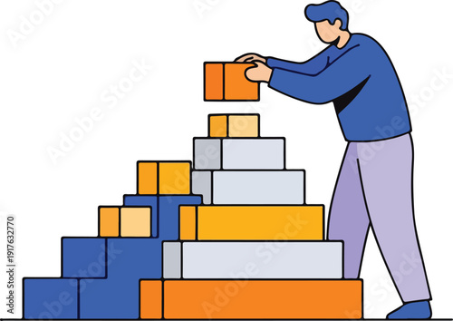 Man stacking boxes in a warehouse, viewed from the side, illustration of a logistical operation in progress