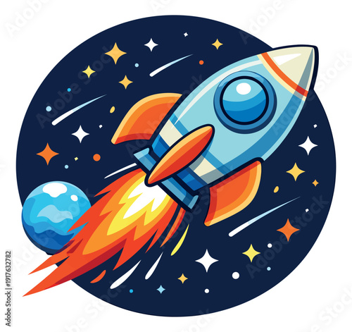 Stylized graphic illustration of rocket depicting a space journey for future technology concepts