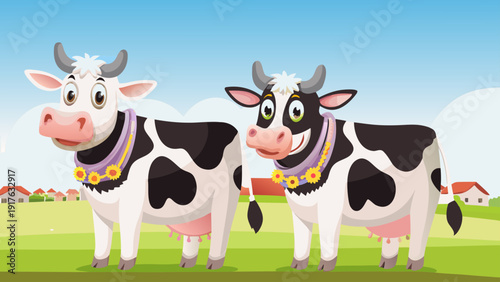 Two cartoon cows standing in a green field with colorful collars and farm background