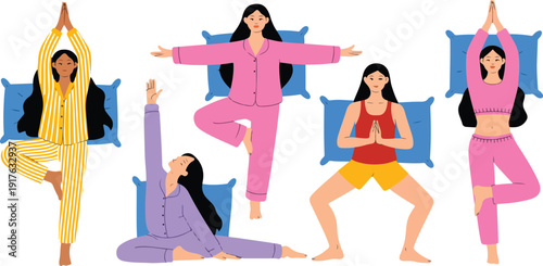 Women Sleeping Positions Illustration Set with Different Pajamas and Bedtime Relaxation