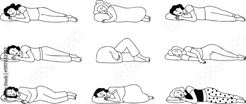 Women Sleeping Positions Illustration Set with Different Pajamas and Bedtime Relaxation