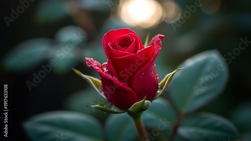 Close up of a single vibrant red rose in bloom