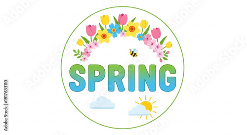Spring season word art with colorful flowers a bee and weather icons perfect for seasonal promotions and nature themes