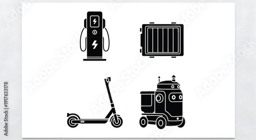Black icons on a white background depict a set of transportation and energy-related objects: