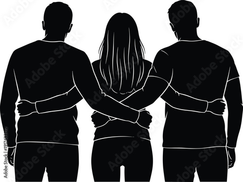 Three Friends Standing Together with Arms Around Each Other Silhouette Vector Illustration Symbolizing Unity and Friendship