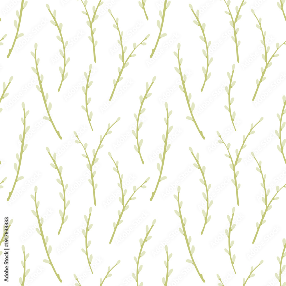 Fototapeta premium Green willow twigs seamless pattern. Vector illustration. Easter celebration blooming plant print. Good for spring season fabric, home textile, festive wrapping paper.