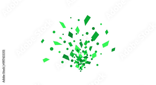 Green confetti explosion abstract geometric shapes and dots scattering representing celebration and dynamic movement on a white background