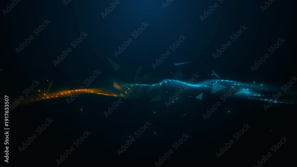Abstract digital wave of glowing orange and blue particles with ...