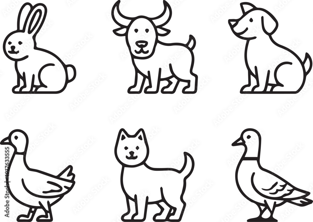 Obraz premium Line art farm animals set isolated on white background, minimal livestock outline collection, thin line rural and agricultural icons, clean monochrome farm design