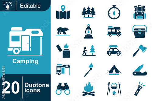 Collection of 20 duotone icons representing various camping elements, including navigation, shelter, and equipment, perfect for outdoor adventure themes
