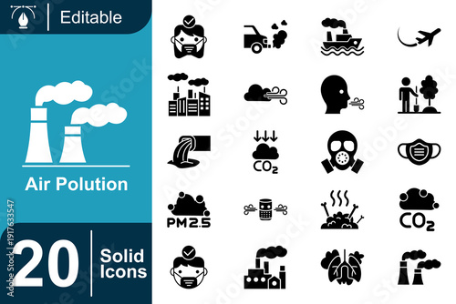 Air Pollution Icons Industrial Smog, Respiratory Health, Environmental Hazards, and Emission Control Symbols