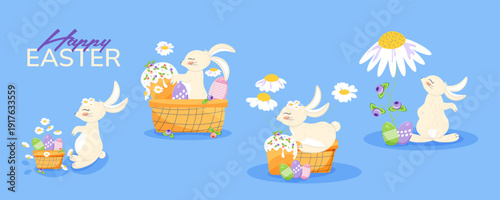 Cute Easter rabbit and bunny character set for spring holiday design. Colorful vector illustration for greeting card, poster, template and egg hunt theme.