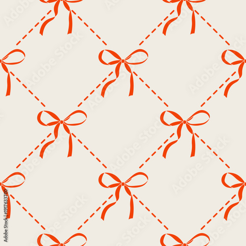 Trendy coquette seamless pattern with pink bows and ribbons. Delicate and playful background for girly prints, cards, wrapping paper, holidays and modern textile design