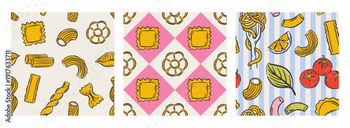 Playful Mediterranean pasta design with quirky line art noodles. Seamless pattern ideal for kitchen decor, wrapping paper, or restaurant branding. Cute background with spaghetti, penne, and ravioli.