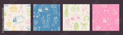 Hand drawn winter ski and apres ski seamless pattern in whimsical doodle style. Includes skiers, snowboard, clothing, equipment, cocktails and holiday elements. Cute line art, vintage background